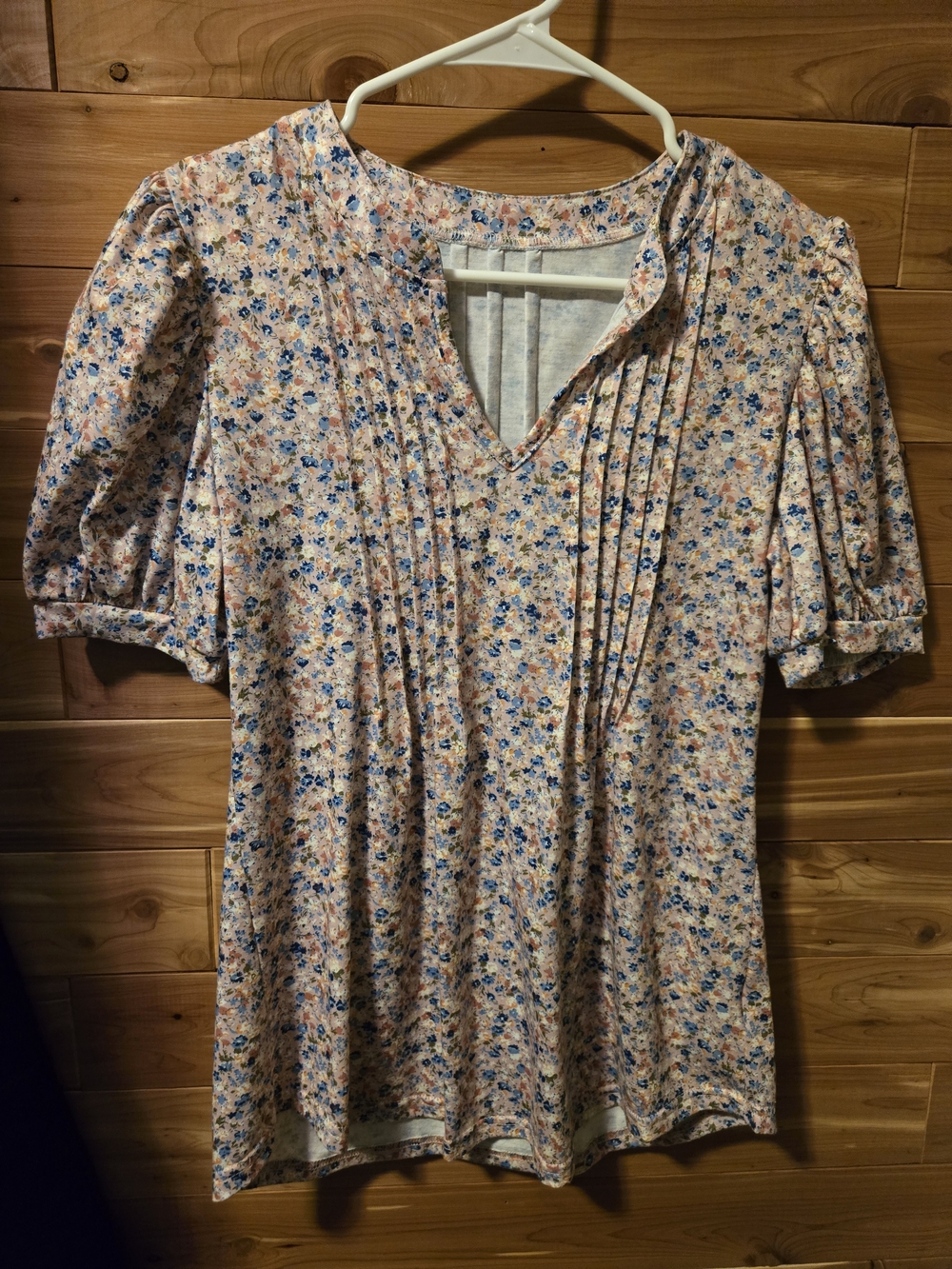 Floral Pintuck V-Neck Blouse in Pink and Blue